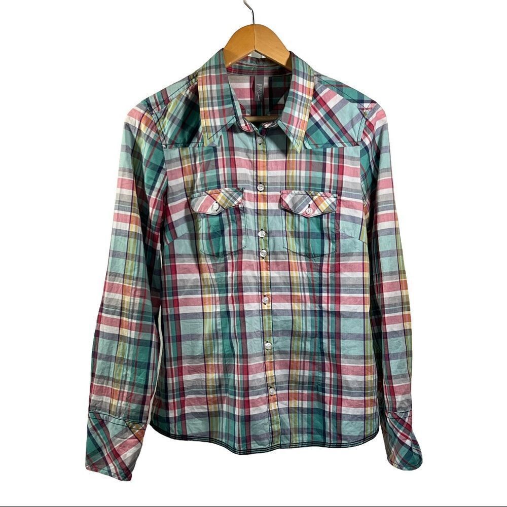 JENSEN Women’s Dessin Cotton Plaid Button Down Shirt Blue/Pink Size 38/Medium